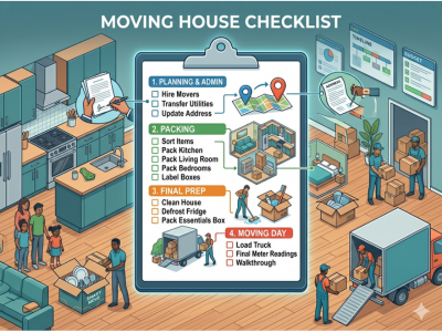 A family unpacking boxes in their new home, following a moving into a new house checklist