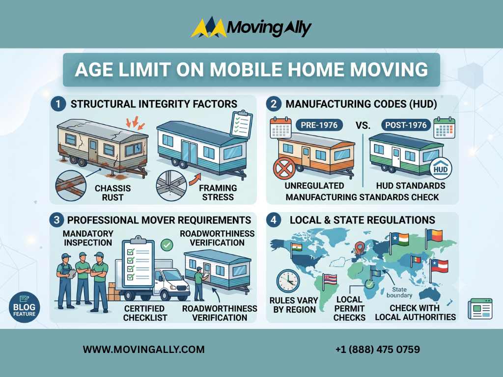 Illustration of an older mobile home being prepared for transport, highlighting age limit considerations.