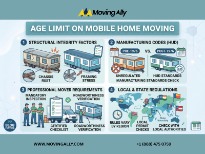 Illustration of an older mobile home being prepared for transport, highlighting age limit considerations.