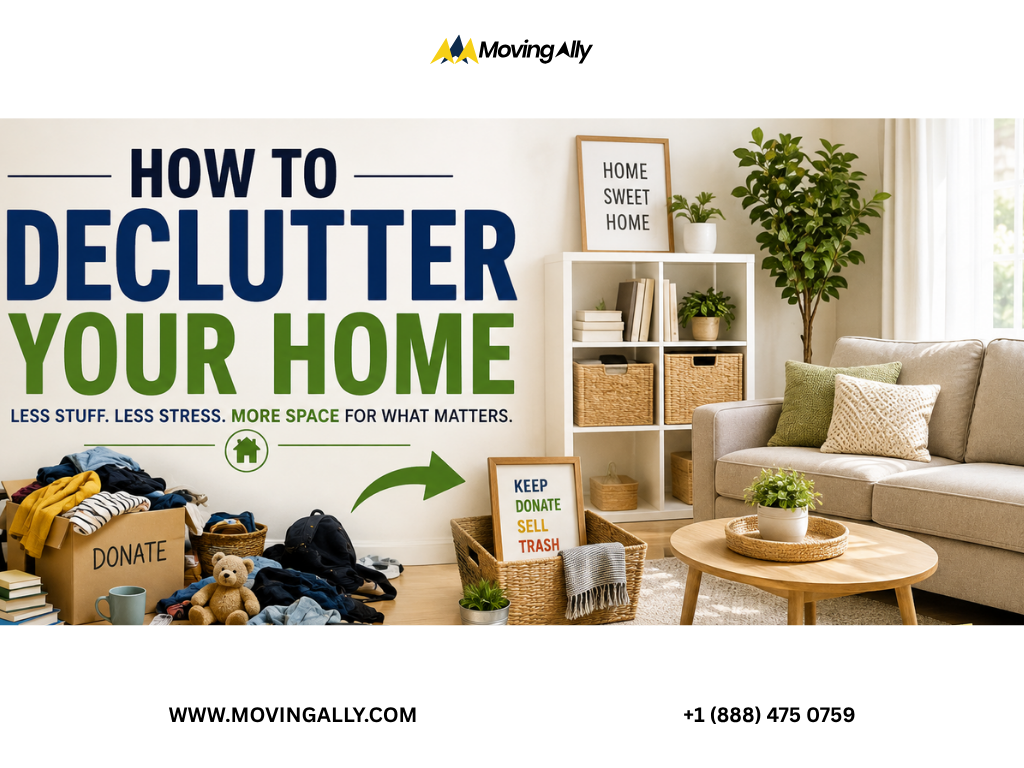 Woman smiling while decluttering a messy living room