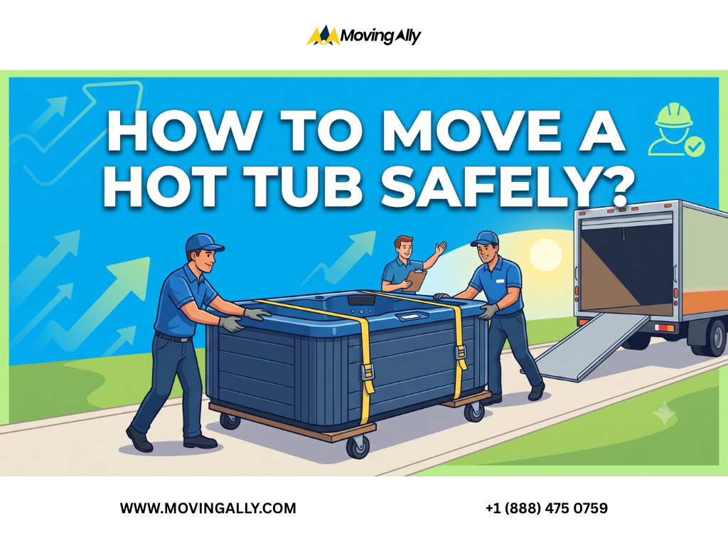 Man carefully guiding a hot tub onto a dolly for relocation
