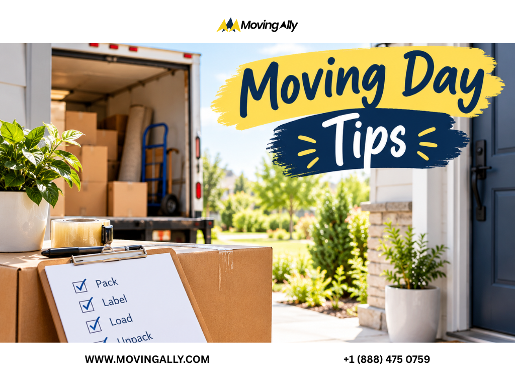 Family unpacking boxes on moving day, following essential tips for a smooth relocation.