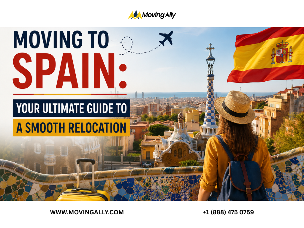 Couple happily unpacking boxes after moving to Spain